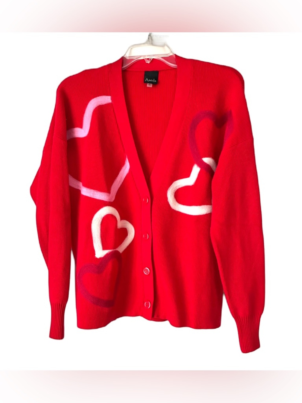 Aaeda Cardigan, Sz. S, Red w/ Hearts, Button Front